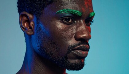 Faceless Fair-Skinned Male with Neon Brows and Chromatic Gradient Makeup in Deep Blue Light