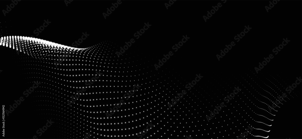 Sticker abstract background with dynamic black and white wave. futuristic dotted wave of bright particles on