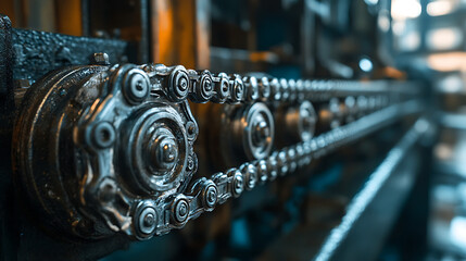 A chain of metal links with a lot of holes and a lot of metal balls. The chain is very old and rusty