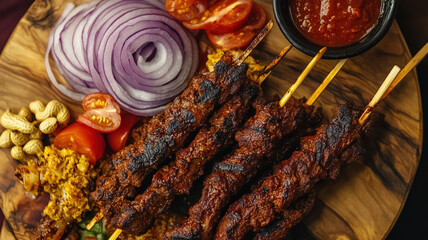 West African grilled beef skewers Suya with onions and cherry tomatoes on a wooden plate.