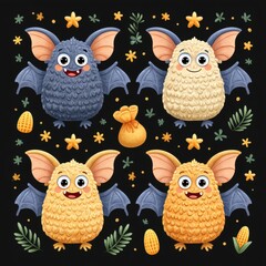 Fototapeta premium Cute Fluffy Cartoon Bats Illustration Set