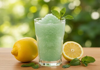 Refreshing mint lemonade slush in garden with lemons on wooden table for summer