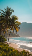 Paradise Coastline: Captivating scene featuring a coastal paradise, with its golden sands, gentle waves, and the vibrant tropical vegetation. A true feast for the eyes.