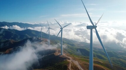 Scenic view of a wind turbine farm situated in a mountainous landscape showcasing the renewable energy infrastructure and its role in generating local electricity