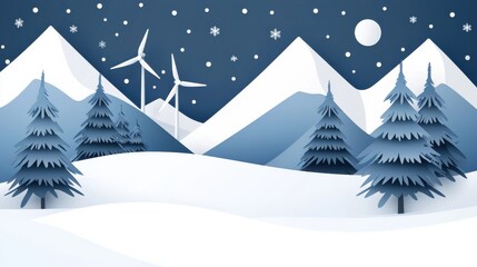 A picturesque winter scene with snow capped mountains evergreen forests and wind turbines seamlessly blending into the natural environment highlighting the of renewable energy infrastructure