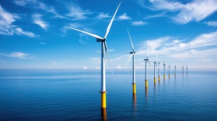 An offshore wind farm with multiple wind turbines harnessing the power of the wind to generate renewable electricity and contribute to the global energy supply