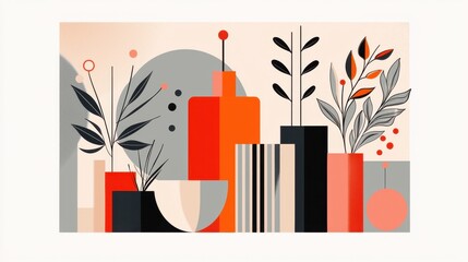 An abstract contemporary depicting a modern urban environment in autumn with a minimalist architectural skyline and natural elements like leaves and vegetation