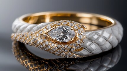 Ornate and captivating diamond and gold ring with a dazzling pear shaped center gem surrounded by intricate and sparkling details