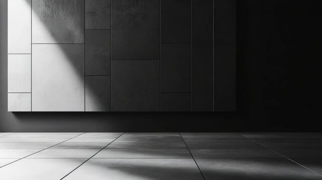 Modern minimalist interior showcasing a textured wall and dramatic lighting in an empty space