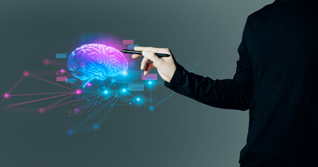hand of businessman interactive touching a holographic of transaction financial network data...