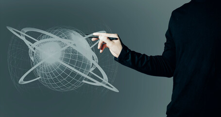 hand of businessman interactive touching a holographic of transaction financial network data...