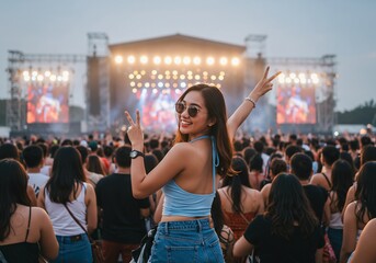 Woman at concert makes peace sign as band performs on stage for entertainment