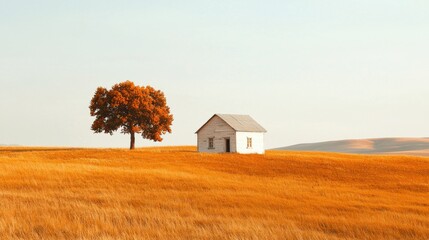 A serene and tranquil rural landscape with a rustic farmhouse nestled amidst the golden hues of autumn set against a vast and expansive backdrop of rolling hills and open skies