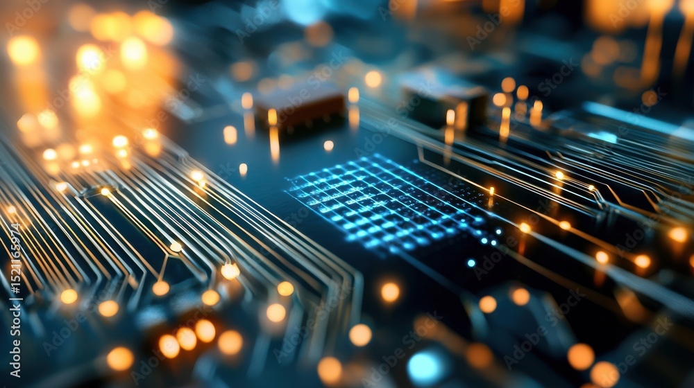 Poster detailed view of an intricate microchip circuit board with a complex network of electronic component