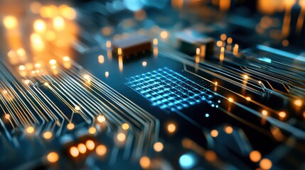 Detailed view of an intricate microchip circuit board with a complex network of electronic components connections and glowing digital technology elements