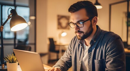 A focused individual engrossed in a laptop, illuminated by warm lamplight, in a modern workspace, reflecting a combination of intelligence and concentration. 