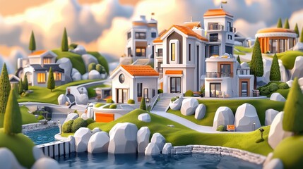 This captivating digital depicts a quaint vibrant village set amidst a serene picturesque landscape  The scene features a variety of unique and stylized houses buildings and structures