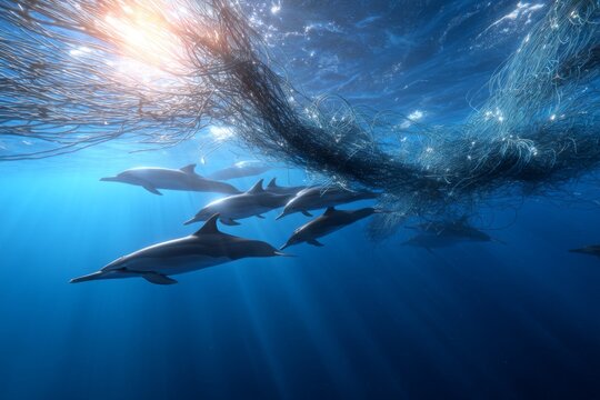 Group of playful dolphins swimming beneath shimmering ocean surface with tangled fishing nets in vibrant underwater environment - Powered by Adobe