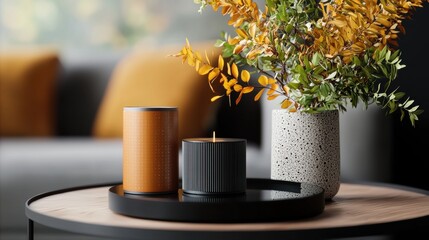 A modern and refined home decor arrangement featuring natural elements like flowers candles and wooden accents to create a warm and inviting autumn inspired atmosphere