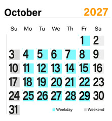 Obraz premium Minimal vector calendar for October 2027 with color-coded weekdays and weekends, ready for print and digital planning
