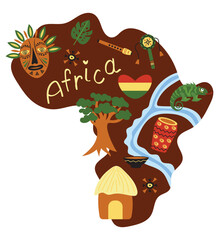 Africa map with landmarks in cartoon style.