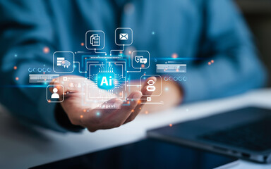 Ai Agent, intelligence artificial development concept for Automation System. Developer uses a laptop for Ai Training and machine learning dashboard. Technology smart robot and agentic workflows