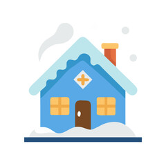 Warm blue house icon with snow-covered roof and yellow windows