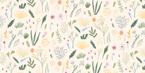 Seamless botanical doodle pattern with wild meadow herbs, grass and flowers. Pastel colored hand drawn plants and floral sketches on light background. Vector repeat ornament.