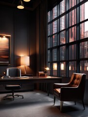 Fototapeta premium Modern office interior with a sleek desk, leather chair, and large windows revealing a cityscape
