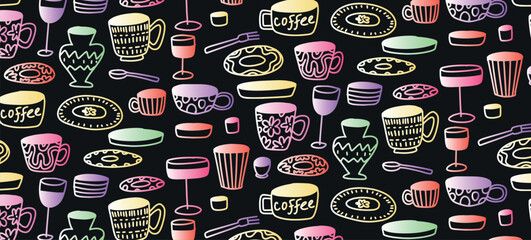 Gradient Seamless Pattern with Coffee Cups Plates Wine Glasses Vases Cutlery. Neon Doodle Tableware Set on Black Background. Hand Drawn Crayon Style Vector Illustration.