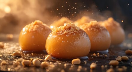 The glutinous tang bu shai is round and soft, coated with a rich brown sugar syrup