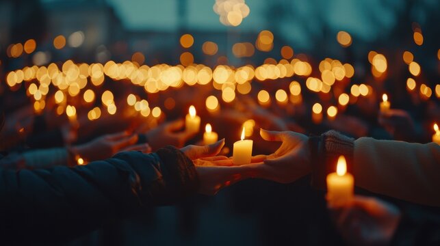 A crowd of people holding lit candles gathered together in a peaceful and solemn candlelight vigil symbolizing shared moments of reflection remembrance and solidarity