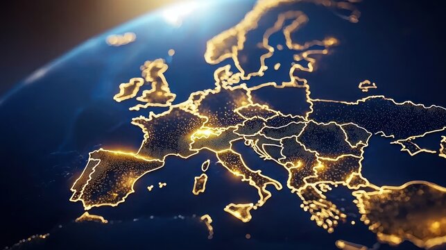 An illuminated digital visualization of the european continent and surrounding areas - Powered by Adobe