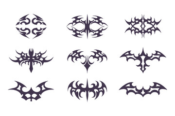 Set of Tribal Symbol Designs. Abstract Geometric and Nature-Inspired Icons for Tattoos, Logos, or Decorative Art Elements Vector Illustration