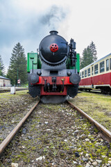 Vintage steam locomotive blowing smoke on the railway in Korenov, Czechia