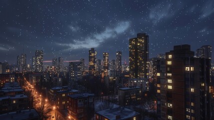 Fototapeta premium The city at night, with its dazzling lights and skyscrapers shining against the soft backdrop of a starry sky