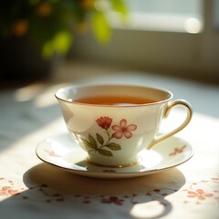 Fototapeta premium Serving Tea in Floral Cup with Morning Sunlight