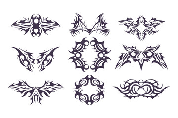 Abstract Tribal Tattoo Design Set. Bold Symmetrical Black Line Art in 3x3 Grid with Animal, Wing, Flame, and Abstract Motifs for Tattoos and Decor. Vector Illustration