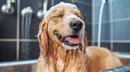 Golden Retriever Dog In A Grooming Salon Is Taking A Shower Generative Ai
