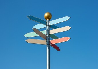 Signpost shows directions against a cloudless sky, useful for navigation, tourism