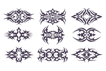 Abstract Tribal Tattoo Design Set. Bold Symmetrical Black Line Art in 3x3 Grid with Animal, Wing, Flame, and Abstract Motifs for Tattoos and Decor. Vector Illustration
