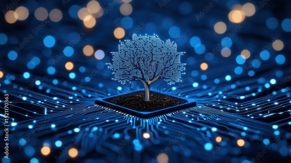 Poster digital tree growing from a circuit board environment glows brightly