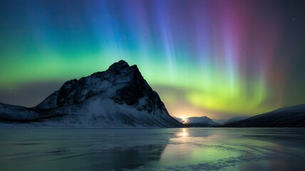 Naklejka premium Aurora Borealis Dance: The mesmerizing aurora borealis paints the night sky with vibrant hues of green, purple and blue above snow-capped mountain reflecting on the tranquil lake.