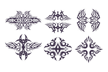 Fototapeta premium Abstract Tribal Tattoo Design Set. Bold Symmetrical Black Line Art in 3x3 Grid with Animal, Wing, Flame, and Abstract Motifs for Tattoos and Decor. Vector Illustration