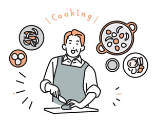 シンプル　イラスト　笑顔で料理をするミドルエイジの男性 人物