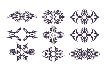 Abstract Tribal Tattoo Design Set. Bold Symmetrical Black Line Art in 3x3 Grid with Animal, Wing, Flame, and Abstract Motifs for Tattoos and Decor. Vector Illustration