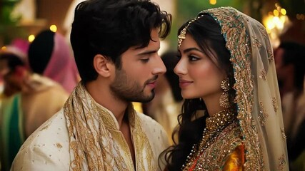 Royal Wedding: A beautiful couple gaze lovingly at each other, embodying the joy and elegance of an intimate moment on their wedding day, adorned in traditional attire. - Powered by Adobe