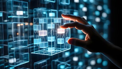 Biotech and genetics visualization with finger interacting with glowing digital DNA helix structure, no text, abstract concept