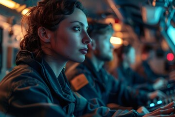 Obraz premium Inside the cabin, crew members collaborate to operate equipment