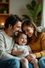 Fototapeta premium A loving couple sitting together on a couch with their new baby, a moment of joy and happiness